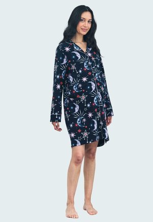 Navy nightgown featuring a celestial print with moons, stars, and bursts. Long sleeves, button-front design, made from soft fabric.