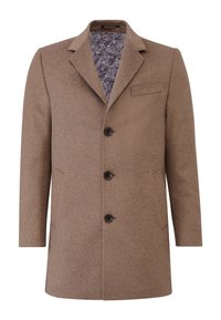 Bruine wollen overjas met een geknipt revers, een vierknops sluiting, zijzakken en een gedessineerde voering in tinten blauw en wit.