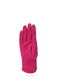 Guanti fucsia realizzati in stoffa morbida, con una forma arrotondata, texture liscia e un design a cinque dita con un piccolo dettaglio di accentuazione.