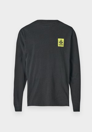 Sort langærmet T-shirt lavet af bomuld med rund hals. Har et lille, klart gult grafisk print på venstre brystområde.