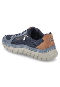 Marineblaue Sportschuh mit Obermaterial aus Mesh und Wildleder, braunen Akzenten und grauer Sohle. Verfügt über einen metallischen Reißverschluss und gestickte Details.