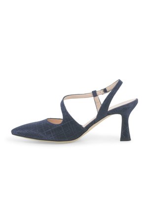 Scarpa slingback con tacco alto punta a punta blu navy con motivo testurizzato e sottile cinturino alla caviglia con chiusura a fibbia.