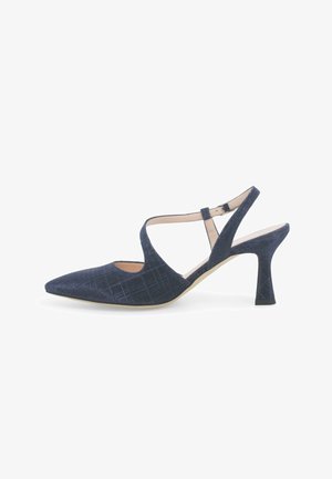 Scarpa slingback con tacco alto punta a punta blu navy con motivo testurizzato e sottile cinturino alla caviglia con chiusura a fibbia.