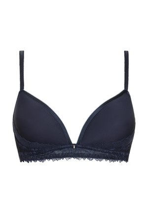 Dunkelblauer, mit Spitze verzierter BH mit glattem Mikrofaser-Finish, dreieckigen Cups, verstellbaren Trägern und zarten Wellenkanten.