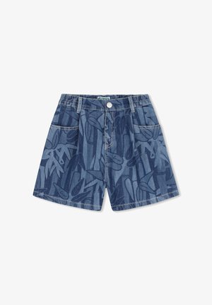 Short en denim avec un motif de feuilles bleues, doté d'une ceinture élastique, de poches avant et d'une fermeture à un seul bouton.