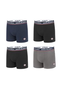 Quatre paires de slips en coton dans les couleurs marine, noir et gris. Matériau en coton doux avec des ceintures élastiques portant la marque et le logo "Serge Blanco".