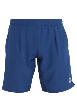 Blaue Sportshorts mit elastischem Bund und kleinem weißen Kreislogo am unteren Saum des rechten Beins.