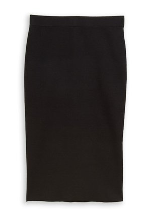 Schwarzer, knielanger Bleistiftrock aus Strickstoff. Hat eine glatte Textur und ein einfaches, tailliertes Design ohne sichtbare Muster oder Hardware.
