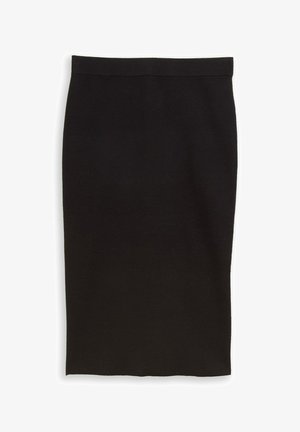 Schwarzer, knielanger Bleistiftrock aus Strickstoff. Hat eine glatte Textur und ein einfaches, tailliertes Design ohne sichtbare Muster oder Hardware.