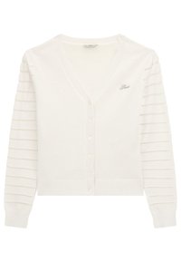 Cardigan blanc avec un col en V, se fermant par des boutons et un ourlet côtelé. Les manches longues présentent des rayures horizontales grises claires. Logo brodé sur la poitrine.