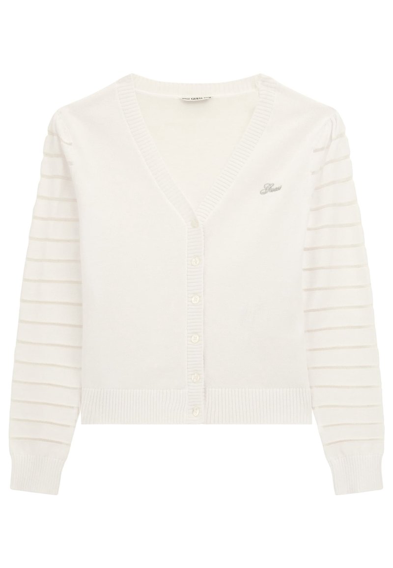 Cardigan blanc avec un col en V, se fermant par des boutons et un ourlet côtelé. Les manches longues présentent des rayures horizontales grises claires. Logo brodé sur la poitrine.