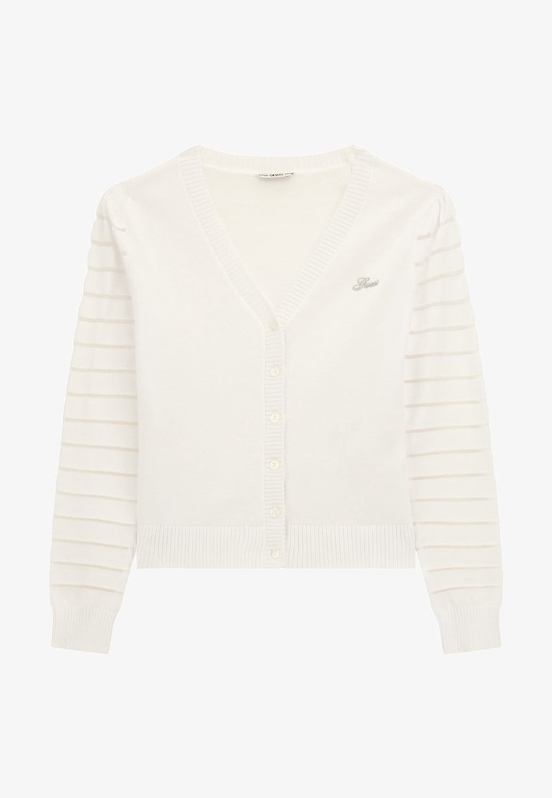 Cardigan blanc avec un col en V, se fermant par des boutons et un ourlet côtelé. Les manches longues présentent des rayures horizontales grises claires. Logo brodé sur la poitrine.