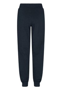 Pantaloni della tuta blu scuro realizzati in tessuto morbido, dotati di una cintura elastica e caviglie affusolate per una vestibilità comoda. Senza tasche né decorazioni.