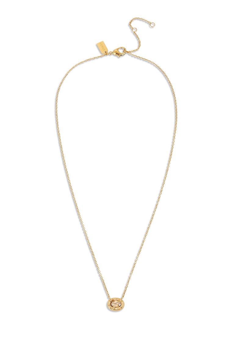 Gouden kettinghalsketting met een ronde hanger met een heldere centrale steen en gegraveerde accenten. Verstelbare lengte met een kreeftenclip sluiting.