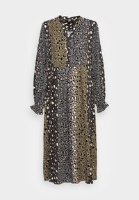 Sukienka z długim rękawem z wielokolorowym wzorem w panterkę w kolorach czarnym, oliwkowym, beżowym i niebieskim. Zapięcie na guziki i miękka tkanina.