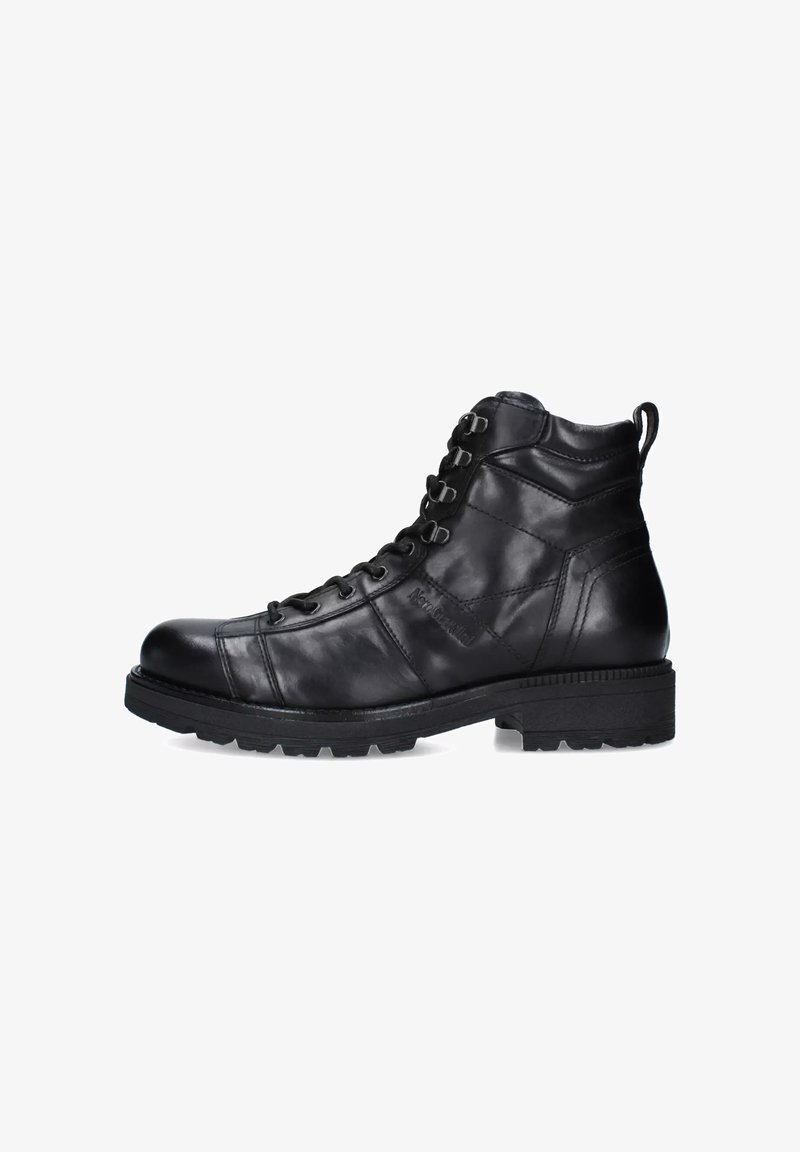 Schwarze Leder-Stiefelette mit runder Zehenpartie, Schnürverschluss, strukturierten Seiten und einer robusten Gummisohle mit niedrigem Blockabsatz.