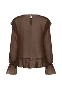 Brown sheer blouse with long sleeves, ruffled hem, and keyhole back detail. Made from lightweight fabric with a textured finish.