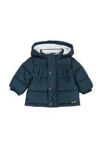 Giubbotto imbottito verde scuro con cappuccio, bottoni frontali e due tasche sul petto. Foderato con materiale bianco morbido; presenta polsini a coste.