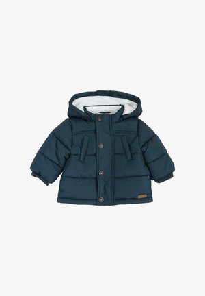 Giubbotto imbottito verde scuro con cappuccio, bottoni frontali e due tasche sul petto. Foderato con materiale bianco morbido; presenta polsini a coste.