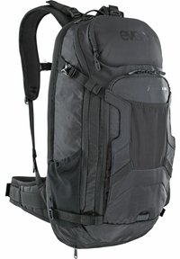 Black backpack made of durable fabric with multiple compartments, adjustable straps, mesh pockets, and distinctive geometric accents.