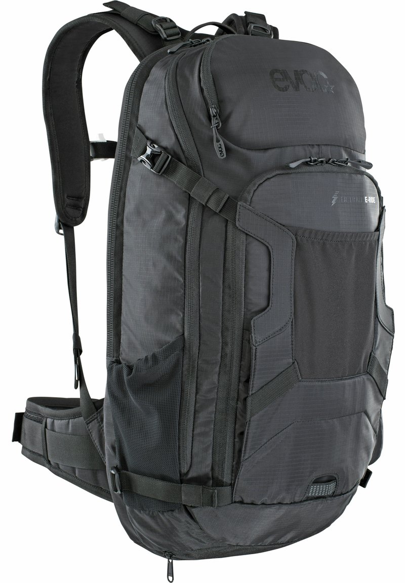 Black backpack made of durable fabric with multiple compartments, adjustable straps, mesh pockets, and distinctive geometric accents.