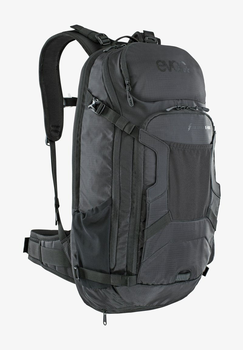 Black backpack made of durable fabric with multiple compartments, adjustable straps, mesh pockets, and distinctive geometric accents.