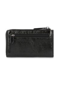 Black patent leather wallet with zippered pocket, textured surface, and rectangular shape. Features silver hardware and sleek design.