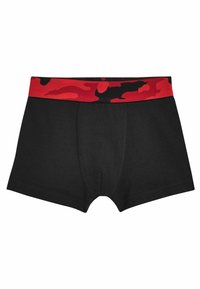 Fekete boxer alsónadrág piros álcázott mintás derékrésszel. Puha anyagból készült, elöl zsebfelsővel és lapos varratokkal a kényelem érdekében.