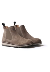 Brown suede Chelsea boots with elastic side panels, rounded toe, contrasting light sole, and rear pull tab for easy wear.