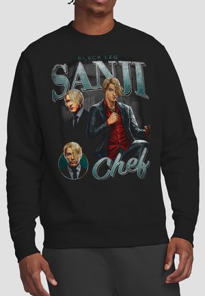 Black sweatshirt with three images of a blond man in a suit and red shirt, with text "Black Leg Sanji Chef" on the front.