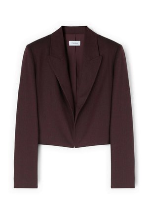 Mørkebrun cropped blazer med lange ærmer, brede revers og en centralseam, vist fladt mod en hvid baggrund.