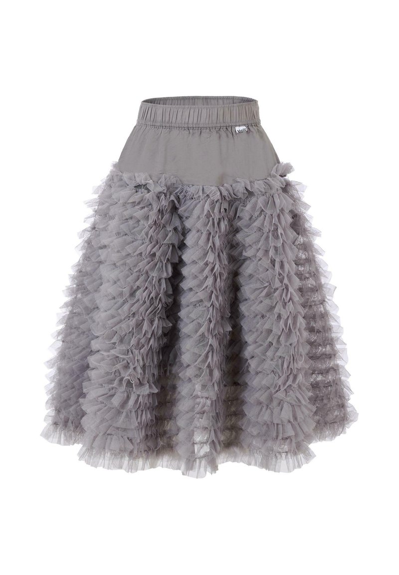Gonna grigia a balze con un elastico in vita, caratterizzata da strati di morbido tulle con texture diverse e una forma svasata.