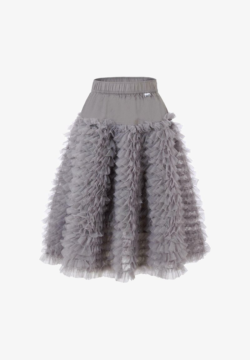 Gonna grigia a balze con un elastico in vita, caratterizzata da strati di morbido tulle con texture diverse e una forma svasata.
