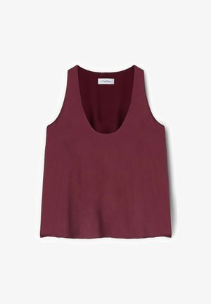 Camiseta sin mangas para mujer en color burdeos con escote redondo y etiqueta visible "motivi" dentro del cuello.