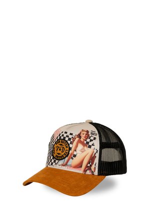 Baseball cap with brown suede brim, black mesh back, and graphic front featuring a vintage pin-up woman and checkered flags.