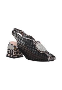 Schwarze Netz-Slingback-Absätze mit einem Leopardenmuster, ausgestattet mit einem niedrigen Blockabsatz und verziert mit einer dekorativen silbernen Schnalle.