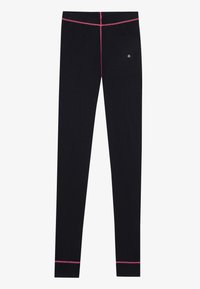 Black full-length leggings with pink contrast stitching at waist and cuffs, slim fit with a small logo on the right thigh.