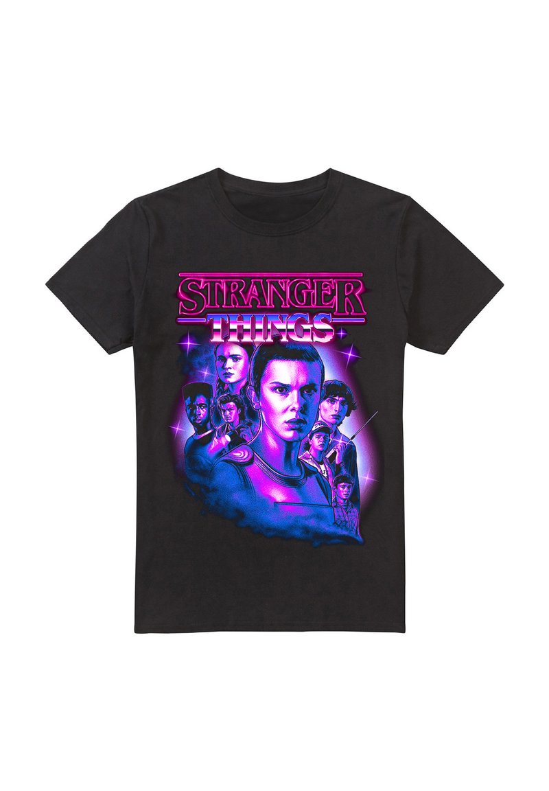 Czarny T-shirt z wielokolorowym wzorem przedstawiającym postacie z "Stranger Things" w odcieniach purpury, niebieskiego i różowego.