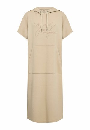 Rochie bej cu glugă, mâneci scurte, buzunar frontal și design cu text. Confecționată dintr-un material moale, cu un croi lejer, ajungând până la jumătatea gambei.