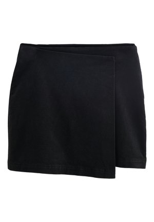 Fekete miniszoknya, puha anyagból készült, átkötős dizájnnal, sima felülettel és tiszta szegélyekkel. Látható minták vagy díszítések nélkül.