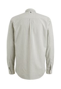 Camisa de rayas de manga larga en gris claro y crema, con cuello abotonado, pliegue en la parte posterior y puños con botones. Tela de algodón suave.