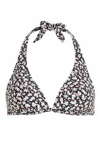 Sort bikini-top med et blomstermønster i hvid, blå og orange. Halterneck-design med justerbare snore. Blød stoftekstur.