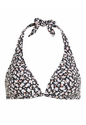 Černý bikini top s květinovým vzorem v bílé, modré a oranžové barvě. Design s křížovým držákem za krk s nastavitelnými šňůrkami. Měkká textilie.