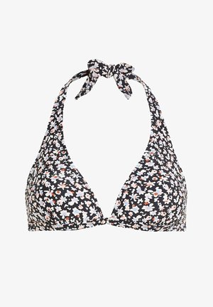 Černý bikini top s květinovým vzorem v bílé, modré a oranžové barvě. Design s křížovým držákem za krk s nastavitelnými šňůrkami. Měkká textilie.