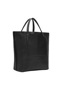 Zwarte leren tote bag met twee handgrepen aan de bovenkant, een gestructureerd oppervlak en een grote voorzak. Minimalistisch ontwerp en vierkante vorm.