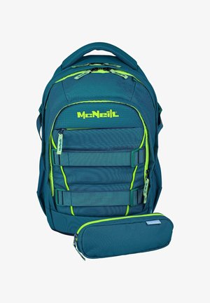 Zaino McNeil blu e verde con più scomparti con cerniera e un astuccio coordinato con cerniera davanti.
