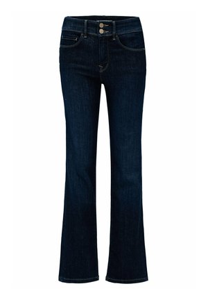 Jeans a zampa d'elefante in denim blu scuro con chiusura a bottone e zip, cinque tasche e cuciture in contrasto. Il tessuto ha una consistenza liscia.