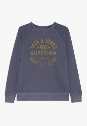 Long-sleeve blue sweatshirt with round neckline and yellow "Jack & Jones 90 Superior Quality Cloth" text printed on the front.