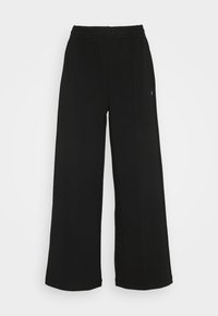 Pantaloni neri a gamba larga con vita elasticizzata. Realizzati in un materiale morbido e leggero. Presentano cuciture verticali sul davanti.