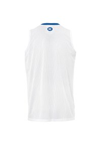 Canotta da basket bianca in rete con design senza maniche, colletto rotondo blu e un piccolo logo blu sul collo. Materiale leggero e traspirante.
